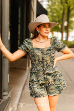 Load image into Gallery viewer, Olive Horse Jacquard Woven Puff Ruffle Button Down Romper