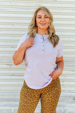 Load image into Gallery viewer, Lavender Sleeve Turquoise Snap Button Down T-Shirt
