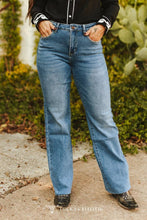 Load image into Gallery viewer, Dark Wash Crease Raw Hem High Rise Trouser Jeans 32in inseam
