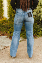 Load image into Gallery viewer, Dark Wash Crease Raw Hem High Rise Trouser Jeans 32in inseam
